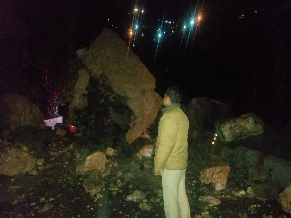 Heavy boulder fallen from the hill on the Mussoorie-Dehradun route