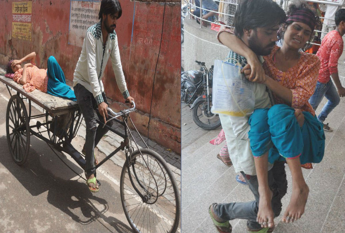 husband carry wife on rickshaw after no getting ambulance in sn medical collage agra