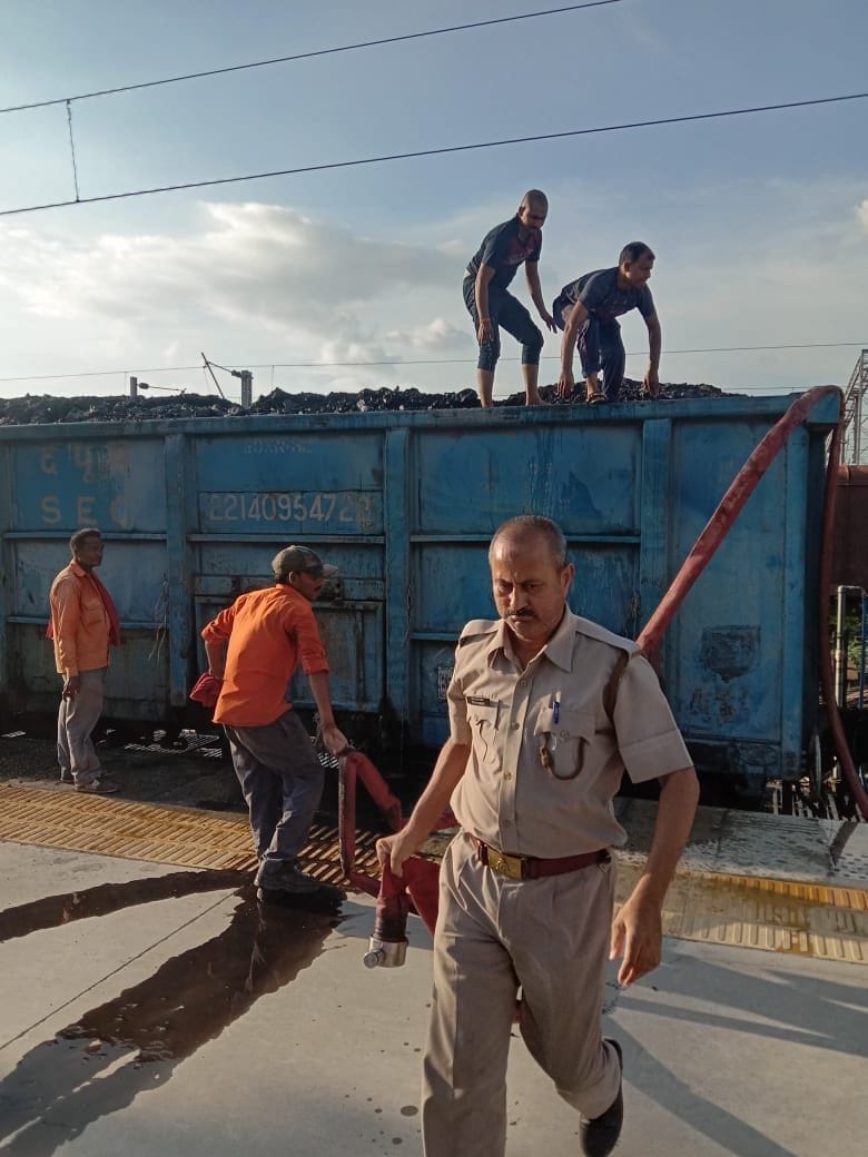 Smoke, stirred out of the wagon of the goods train in Prayagraj