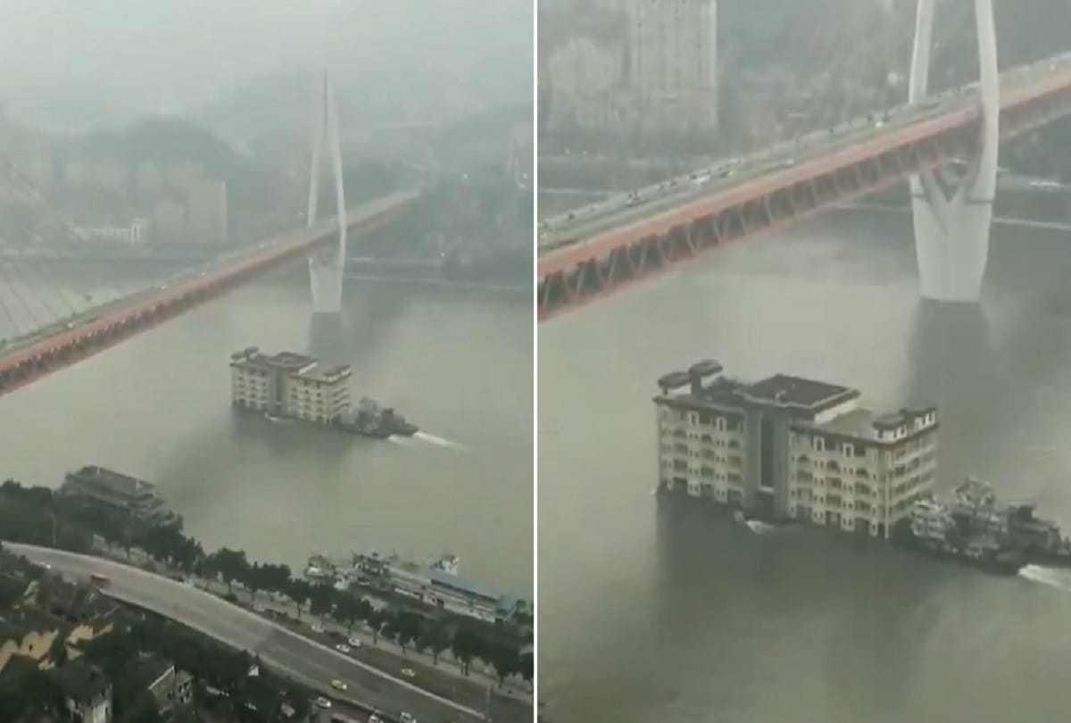 A five storey building was spotted floating in the Yangtze River China Video viral