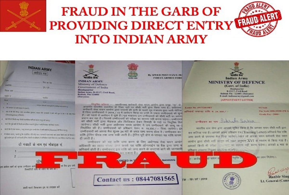 Indian Army warns against fraudsters using fake letters claiming to provide direct entry