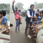 बच्चों की मदद करते रवि किशन