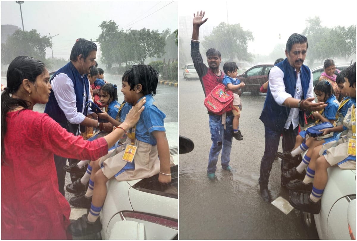 BJP MP Ravi Kishan helps school children stuck in rain and accident