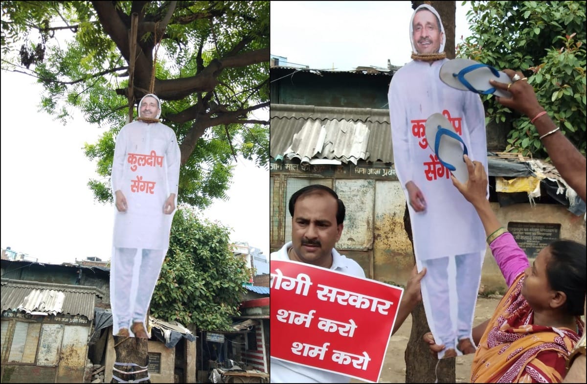 Unnao Rape Case accused cut out hang by samajwadi party in varanasi