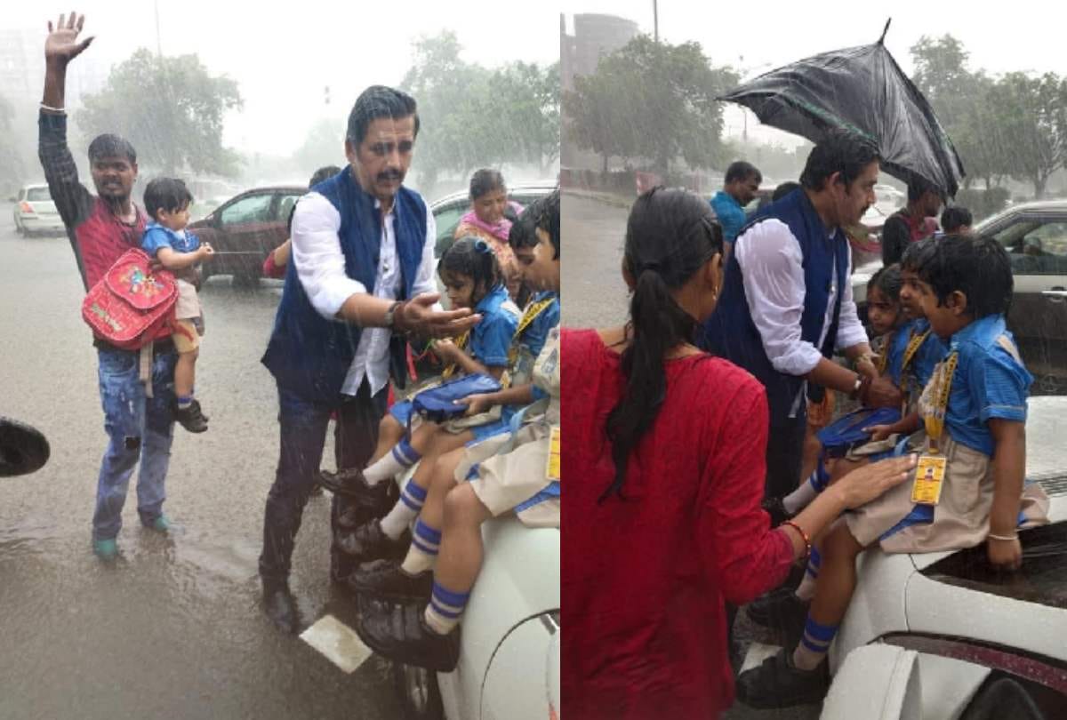 mp ravi kishan helps students trapped in rain after their van met accident social media praising