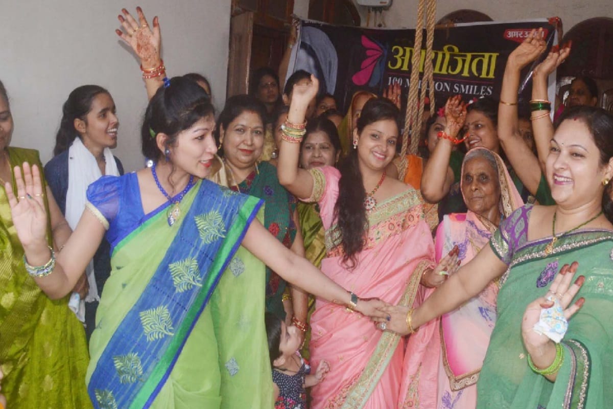 Aparajita: Mehndi art created by women on hariyali Teej in Baghpat