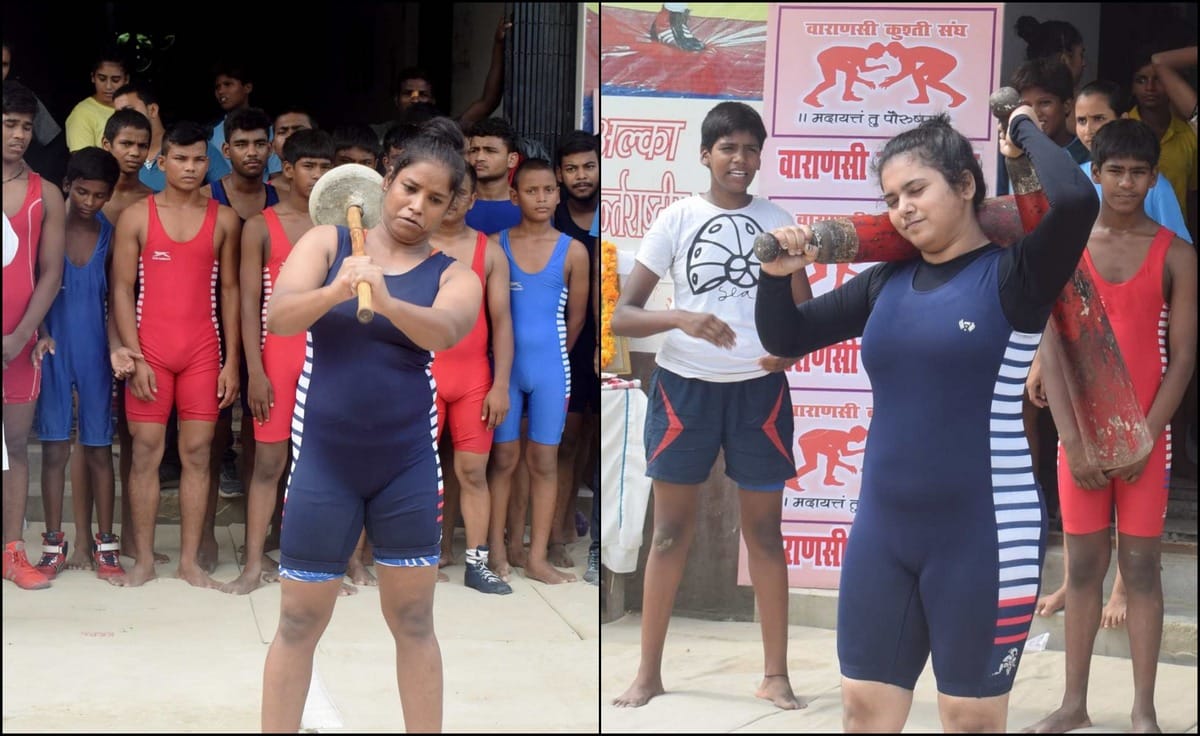 varanasi daughter played gada in akhada Sampurnanand sports stadium on nag panchami