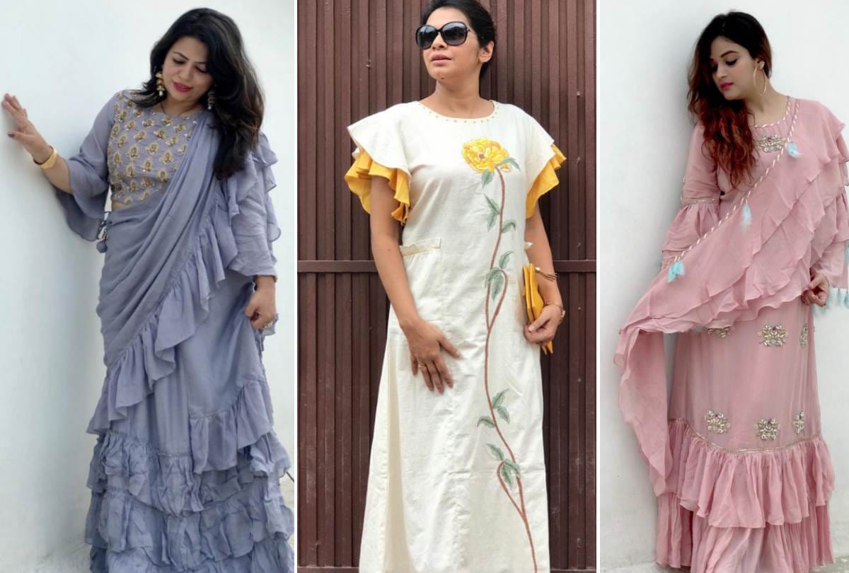 Ruffle dress and saree prepared by fashion designer Shikha suri