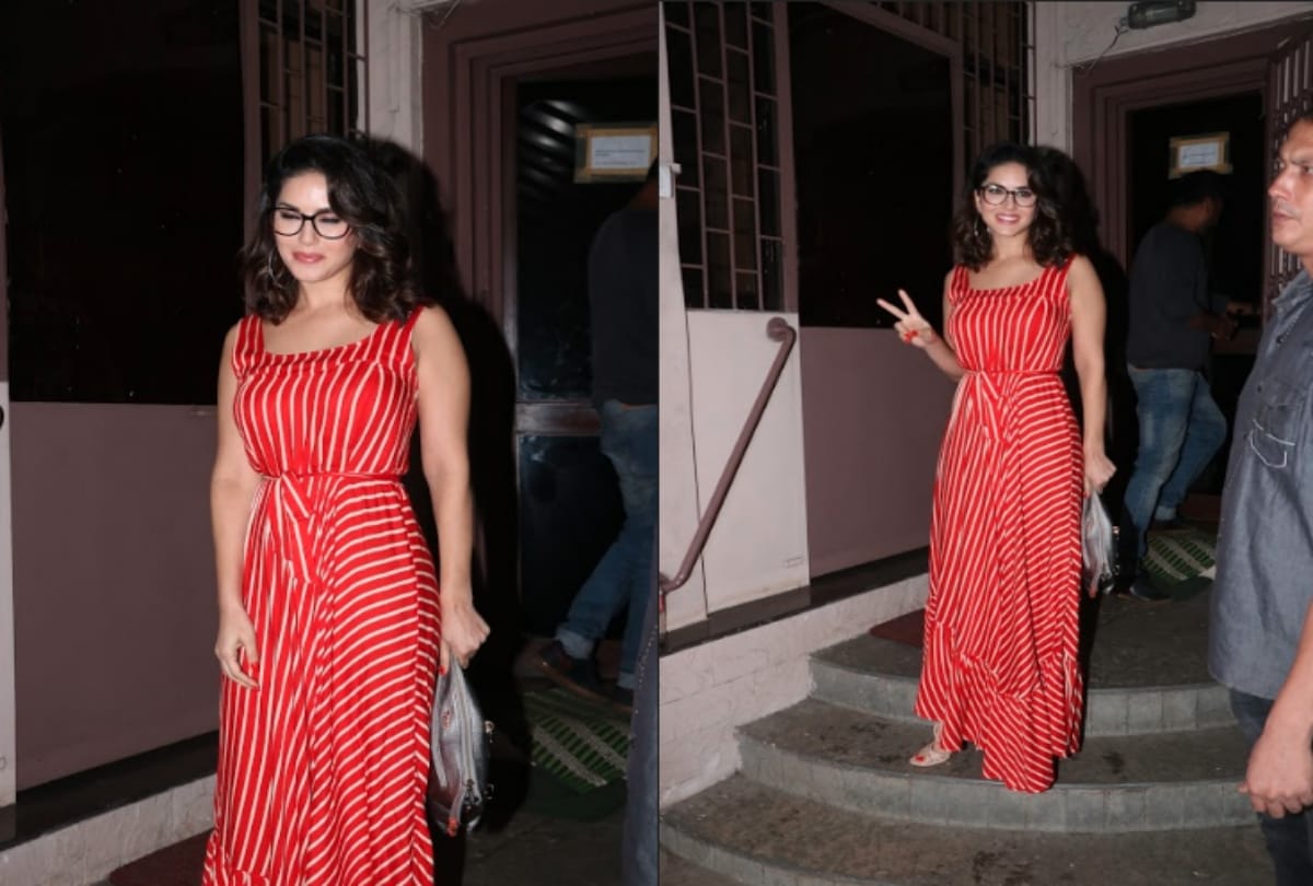 Sunny Leone looks stunning in this red and white maxi dress
