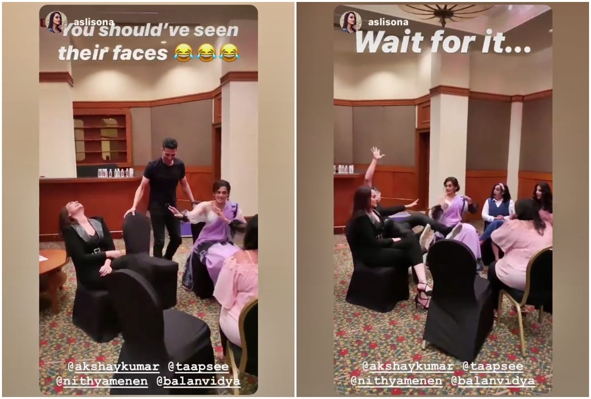 Sonakshi Sinha fun with Akshay Kumar as actor fall from his Chair During Mission Mangal Promotions