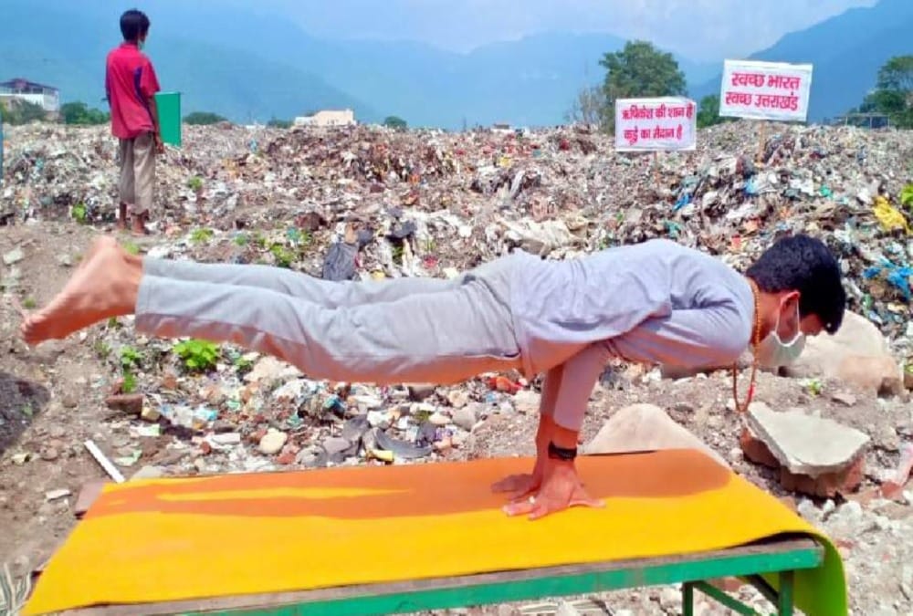 Yoga on garbage in Trenching ground rishikesh for show protest