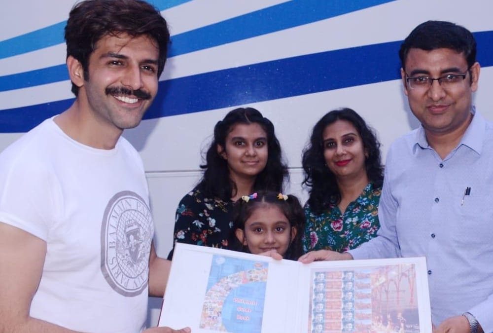 Actor Kartik Aryan's pic on postage stamps.