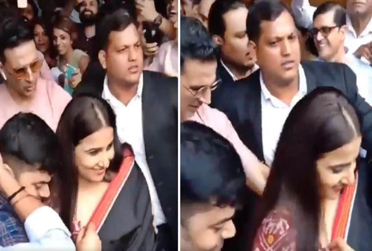 Akshay Kumar saves Vidya Balan from crowds during Mission Mangal promotions in Noida