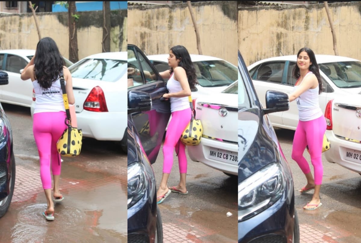 Janhvi Kapoor gym look in white tank top and pink jeggings