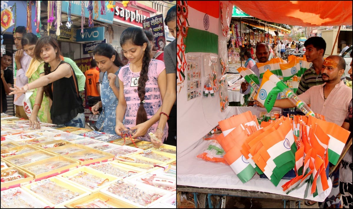 people celebrate shopping of raksha bandhan Independence Day in market in varanasi