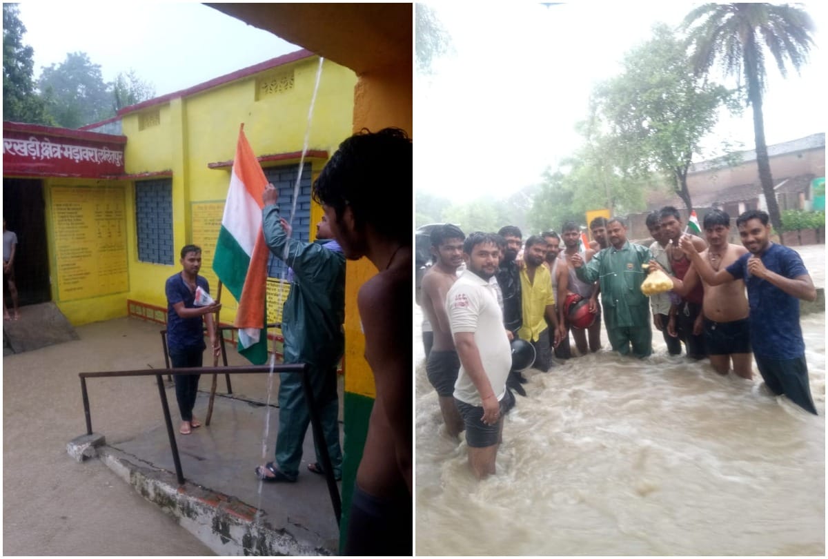Jhansi school celebrates Independence day even during heavy rain and water