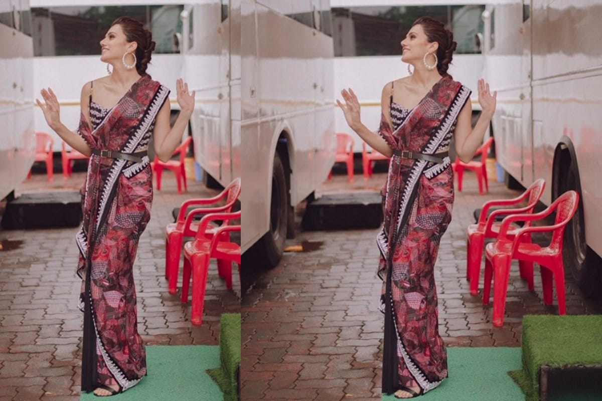 taapsee pannu stylish experiment with saree during mission mangal promotions