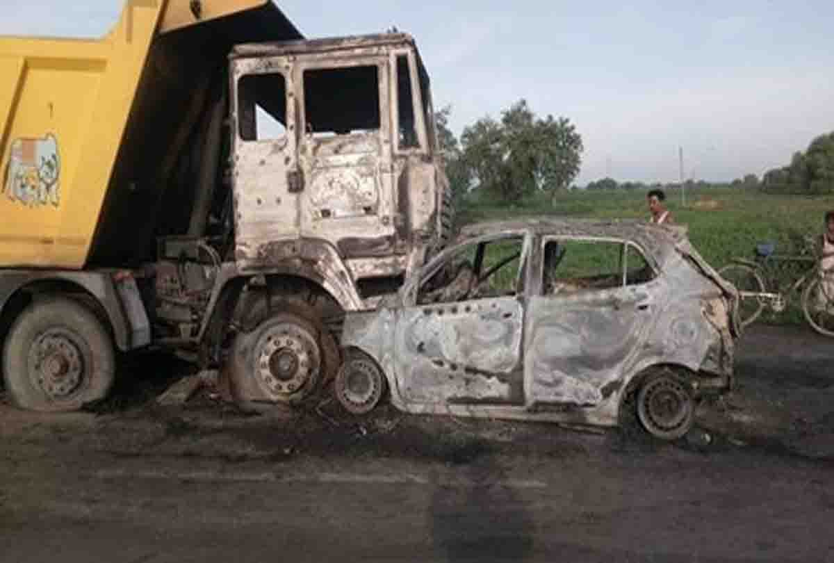 dumper and car caught fire after accident