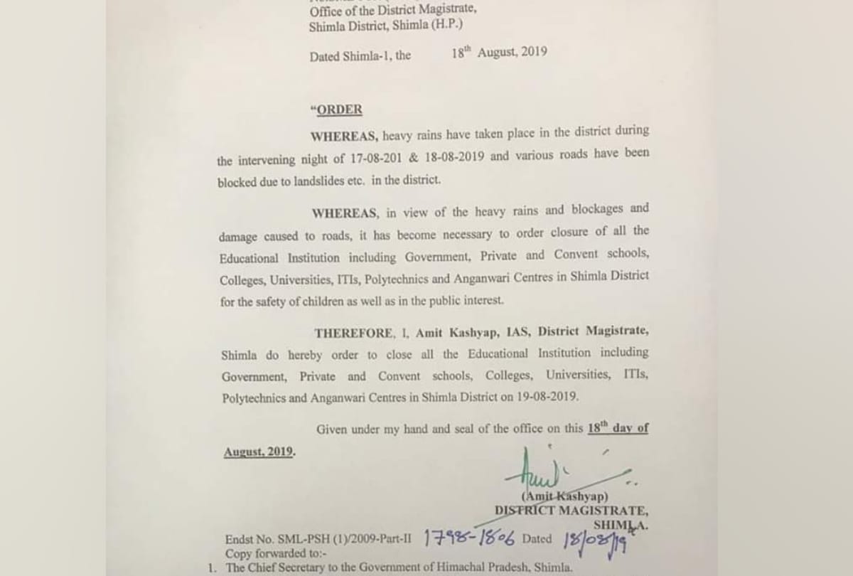 Holiday in Shimla and Sirmour declared by DC due to heavy rain in himachal pradesh
