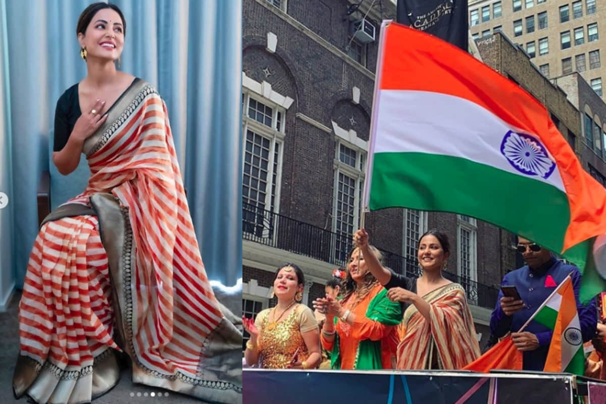 hina khan in traditional saree looks gorgeous cheering for India in USA