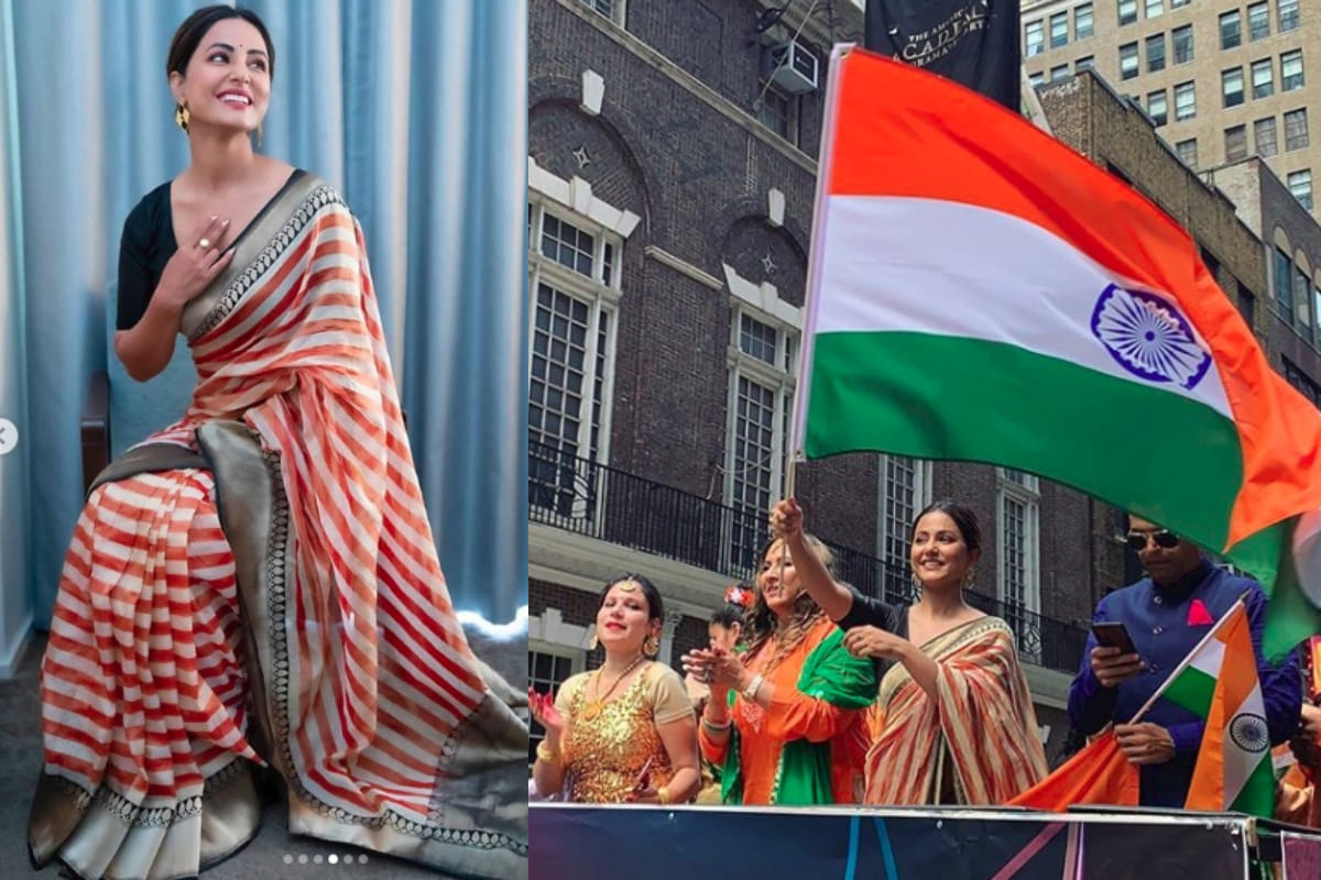 hina khan in traditional saree looks gorgeous cheering for India in USA