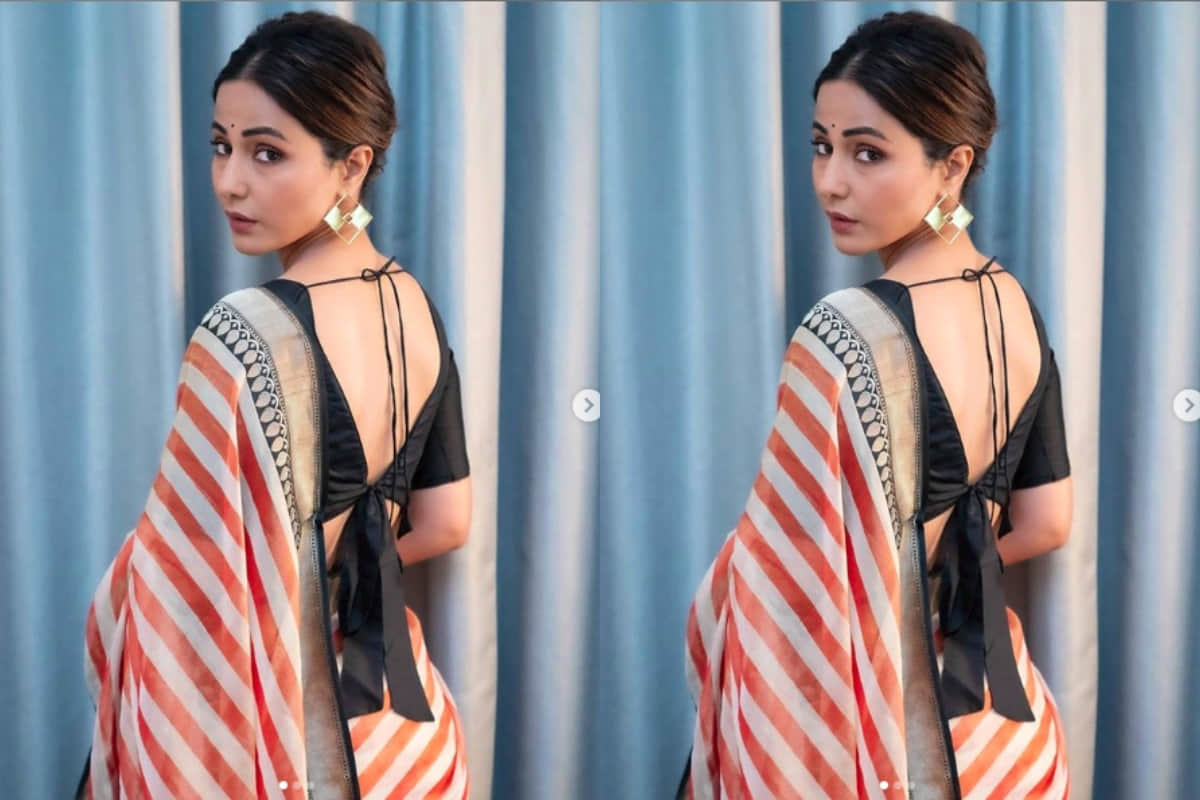 hina khan in traditional saree looks gorgeous cheering for India in USA