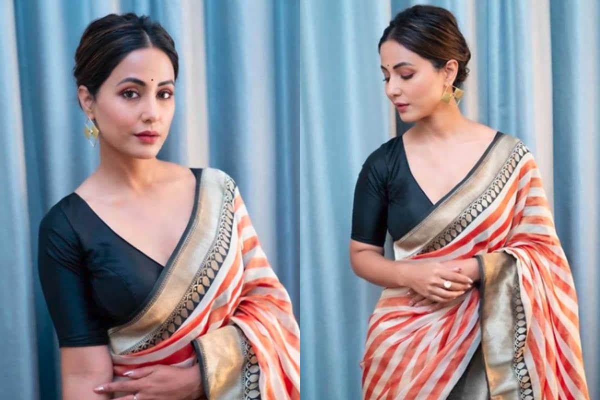 hina khan in traditional saree looks gorgeous cheering for India in USA