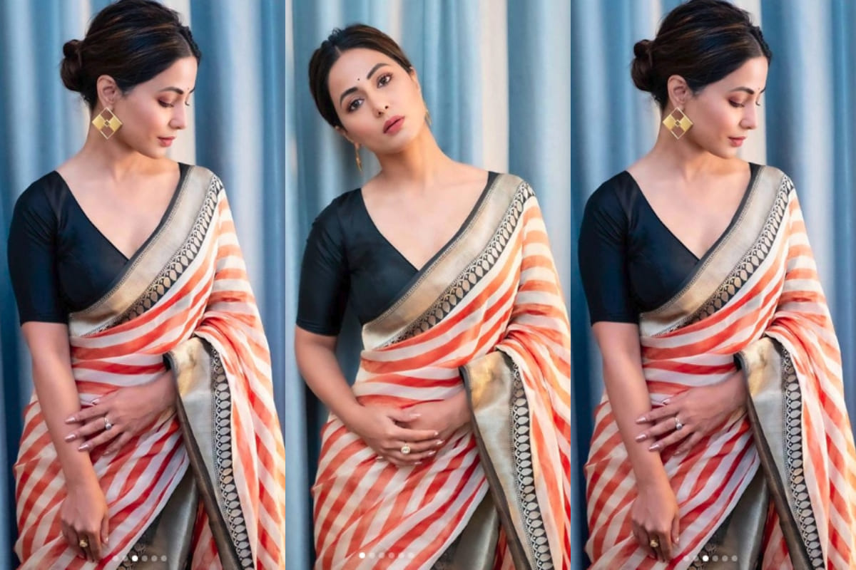 hina khan in traditional saree looks gorgeous cheering for India in USA