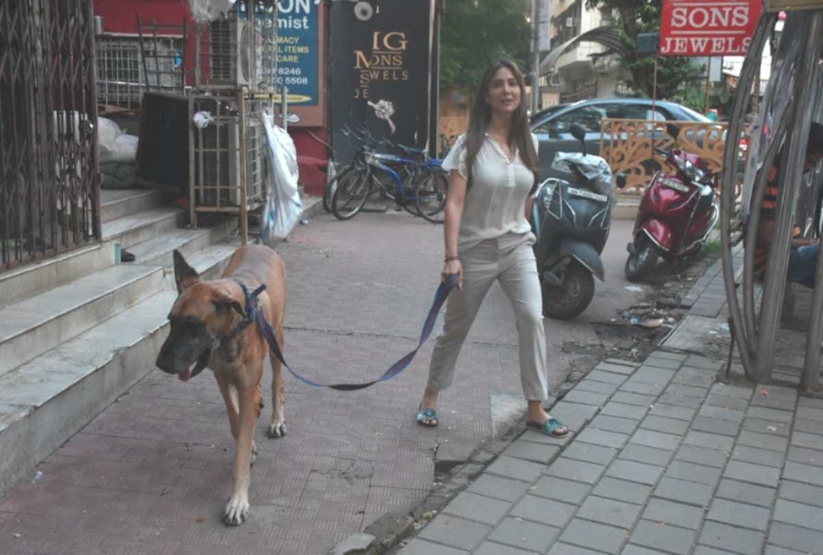 kim sharma spotted with her huge pet dog