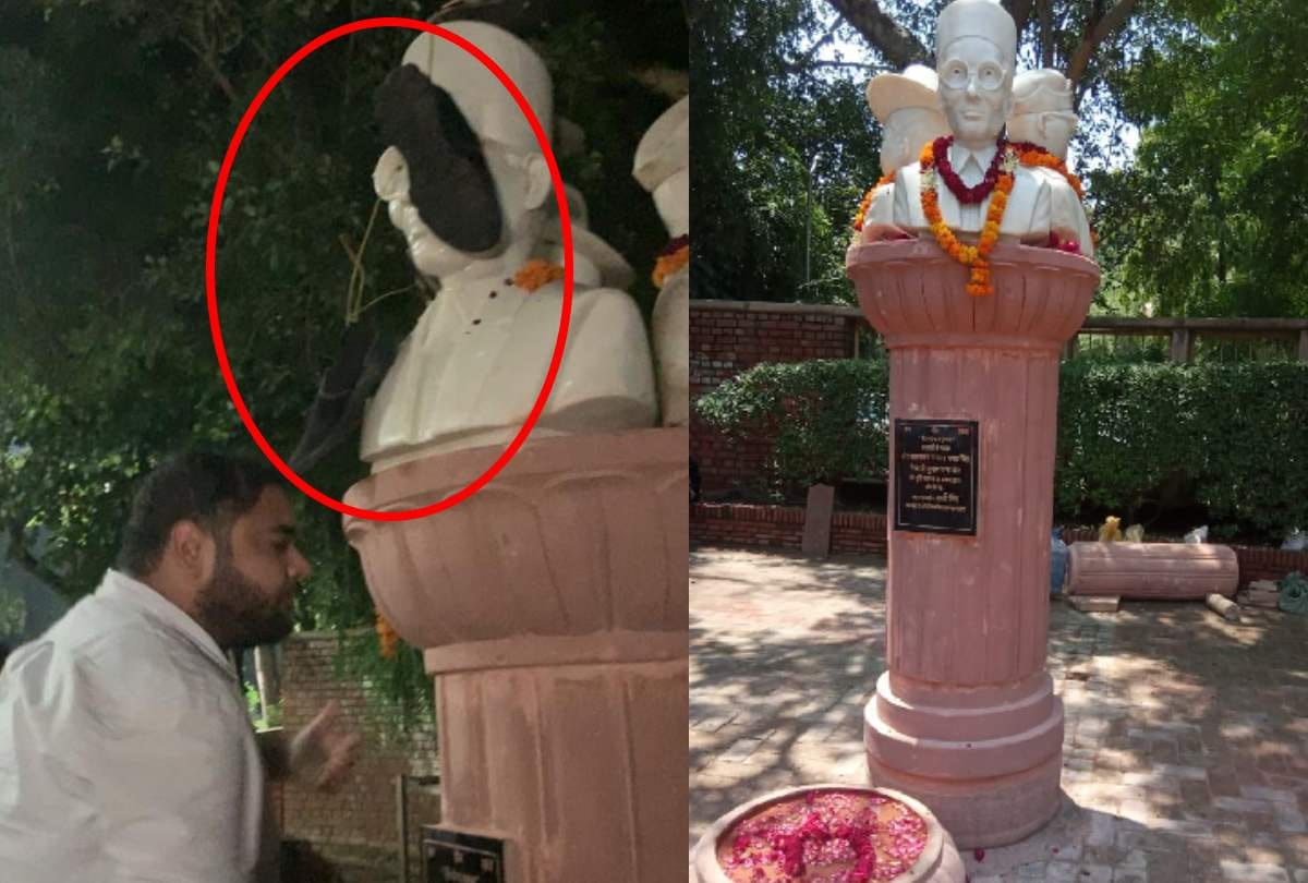 delhi university savarkar idol establish next night nsui paint it black garland shoes full update