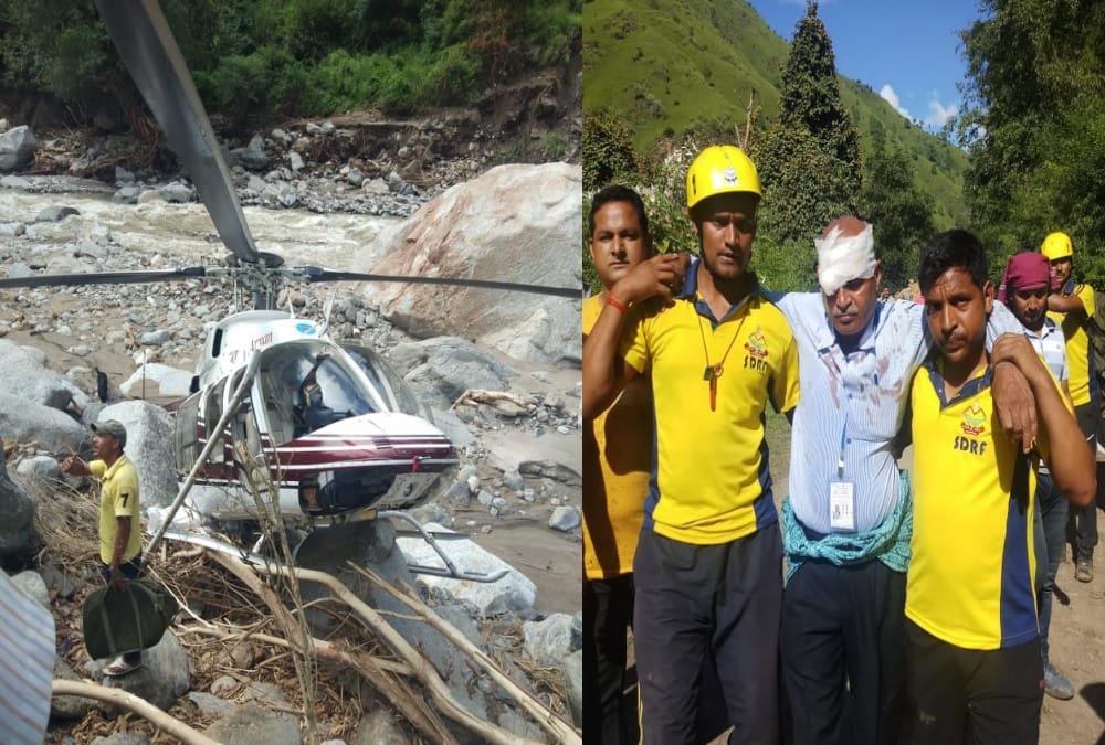 Helicopter Emergency Landing in Flood disaster area uttarkashi pilot injured