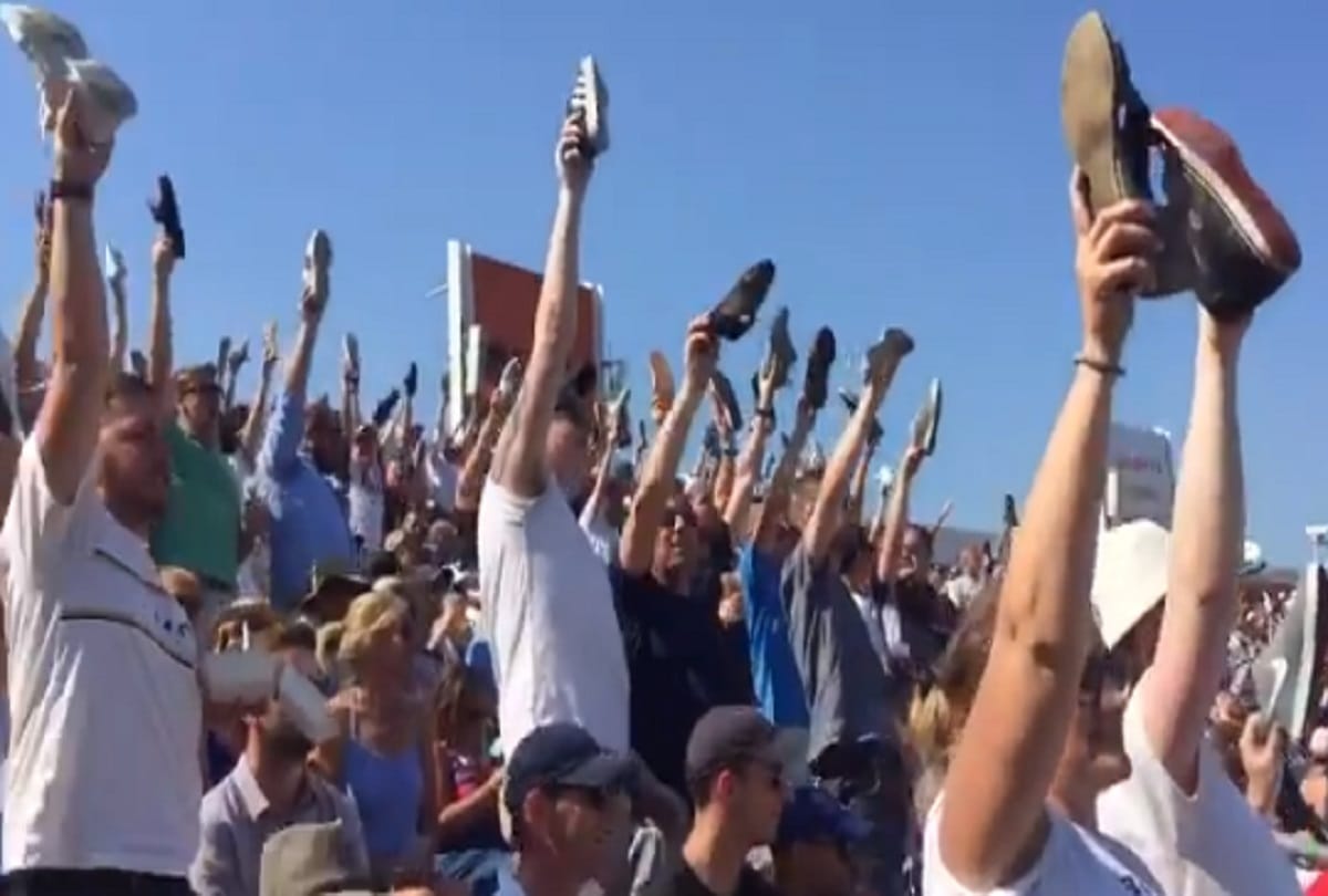 England Barmy army shows shoes to ben stokes and sing song during 3rd ashes test