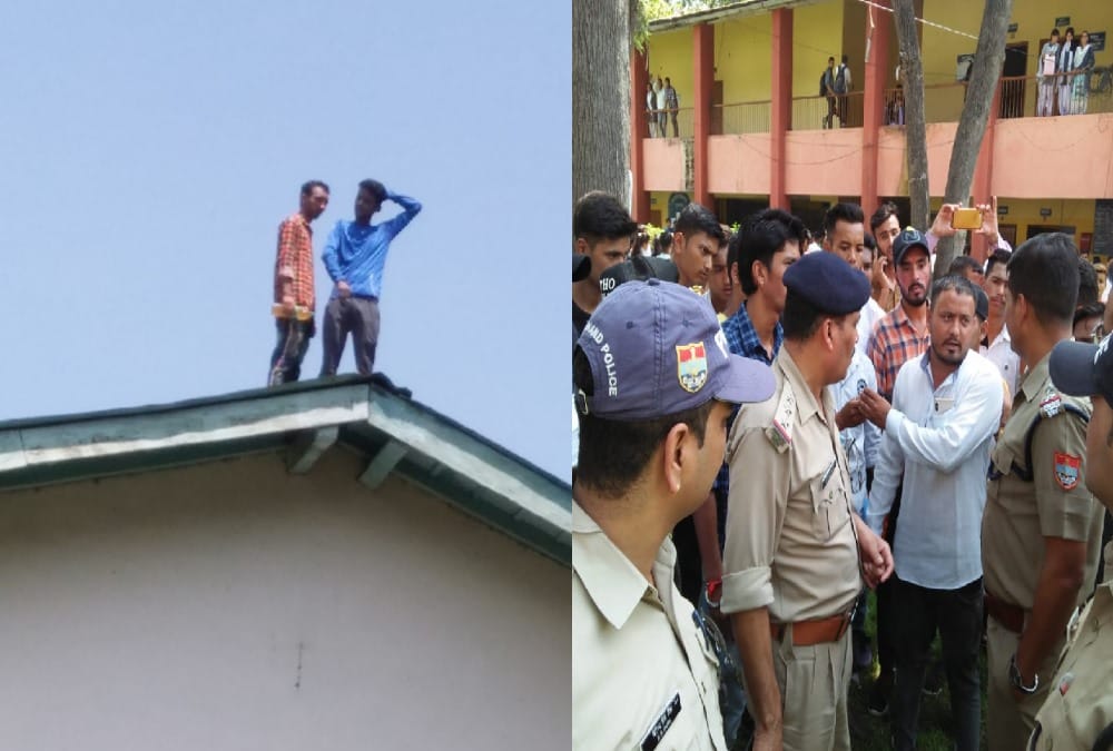 NSUI two Student leaders Climbed on college Building Roof with petrol in bageshwar