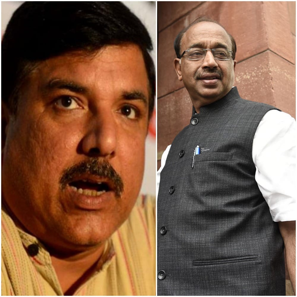 twitter war between vijay goel and sanjay singh aap supporters protest in front of goel residence