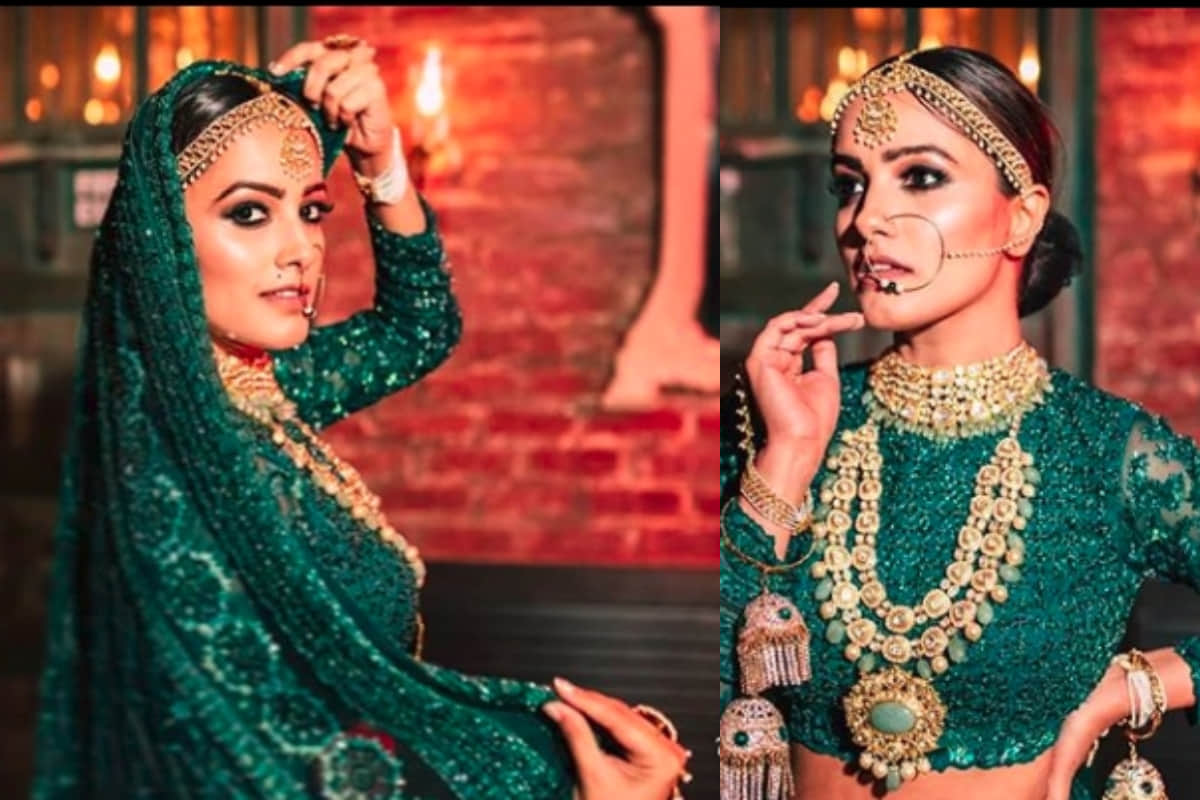 anita hassanandani stunning bridal look in dark green royal lehenga