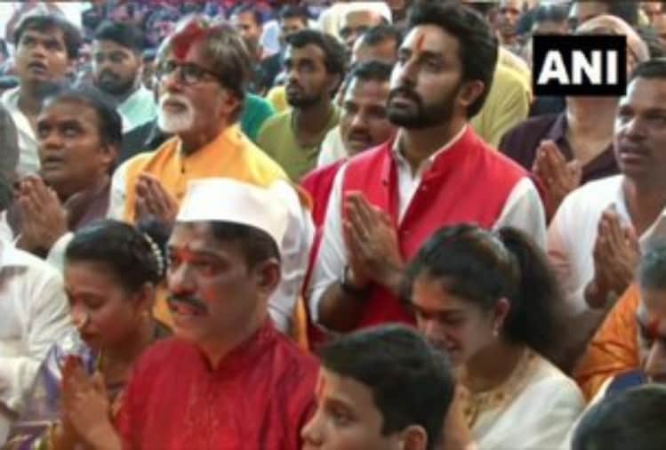 amitabh bachchan and abhishek bachchan arrive blessings of ganpati bappa