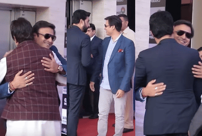Abhishek Bachchan and Amitabh Bachchan hugs vivek oberoi in a fuction