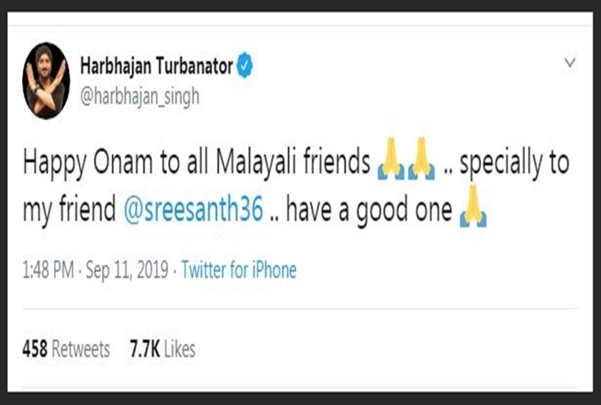 Harbhajan singh wishes S sreesanth happy onam on social media