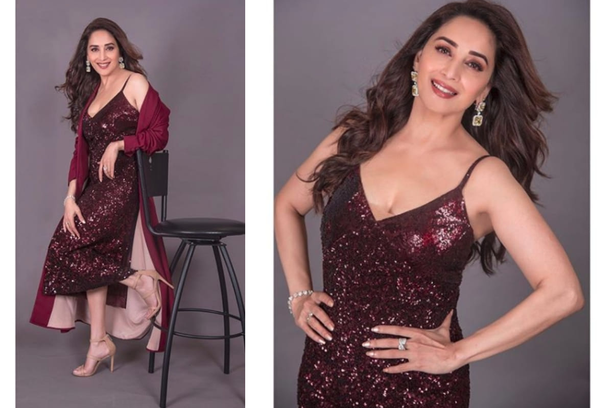 madhuri dixit glamorous look in wine red shimmer dress for iifa press conference 2019