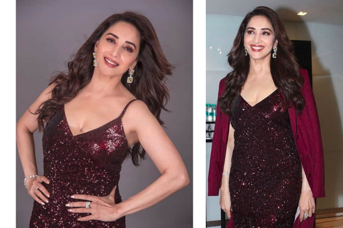 madhuri dixit glamorous look in wine red shimmer dress for iifa press conference 2019