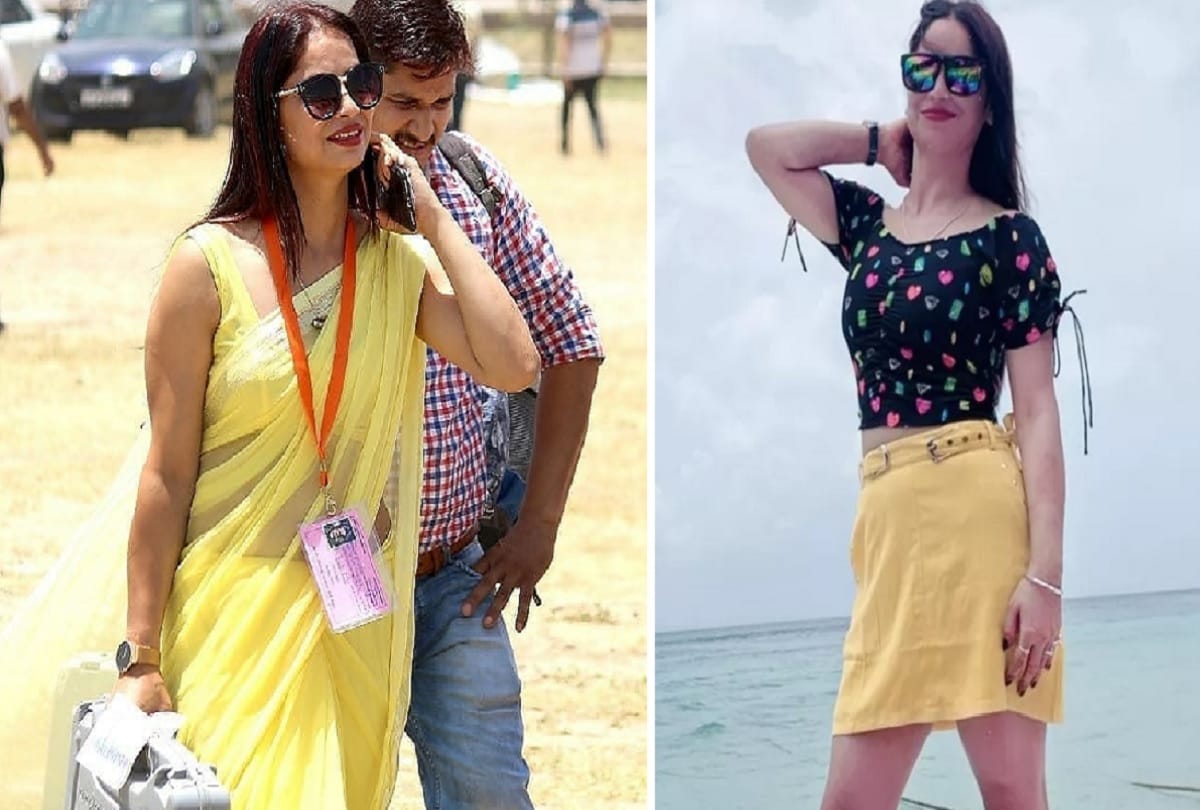 yellow saree lady polling officer reena dwivedi skirt pictures viral on social media
