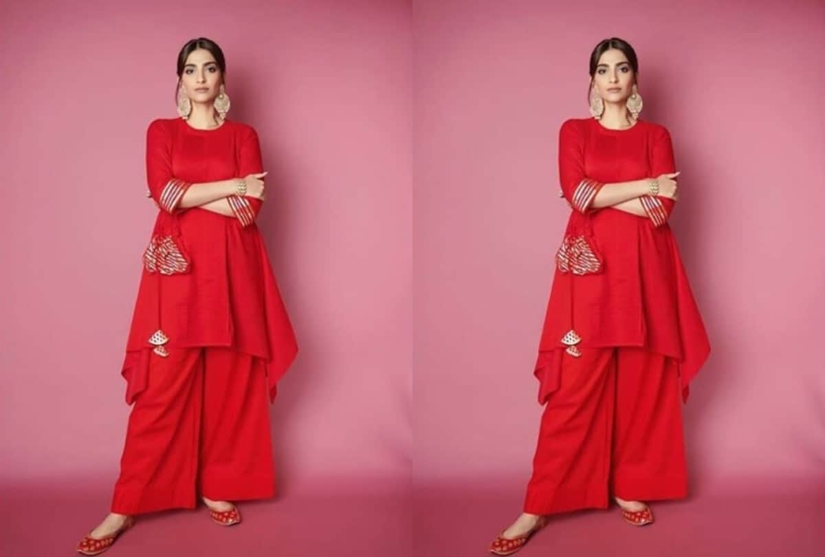 sonam kapoor wear red kurta by gulabo the zoya factor film promotion