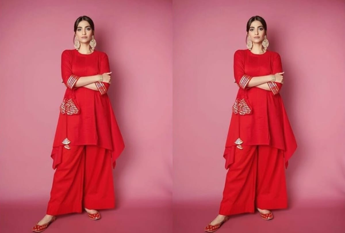 sonam kapoor wear red kurta by gulabo the zoya factor film promotion