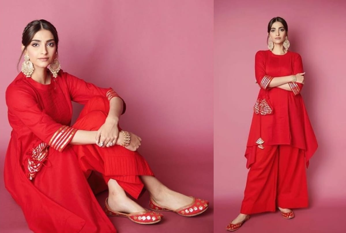 sonam kapoor wear red kurta by gulabo the zoya factor film promotion