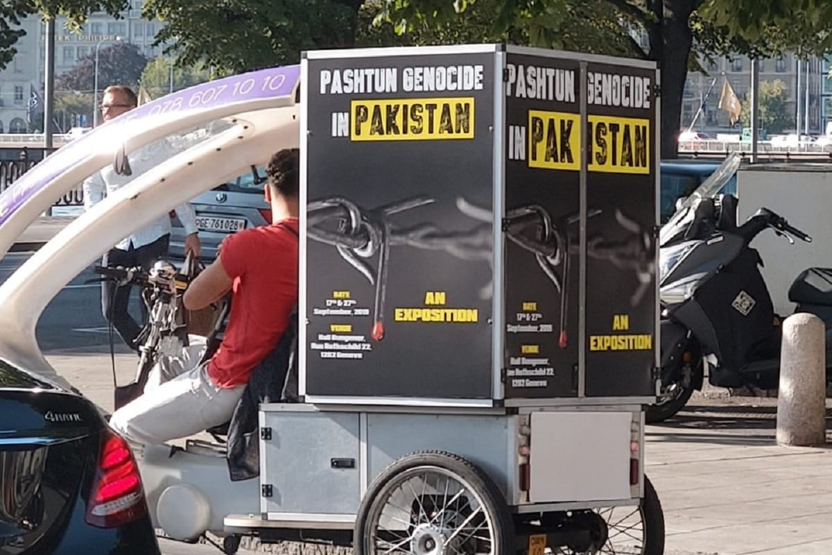 Posters highlighting Pashtun genocide in Pakistan put up in front of the United Nations in Geneva