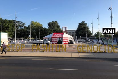 Posters highlighting Pashtun genocide in Pakistan put up in front of the United Nations in Geneva