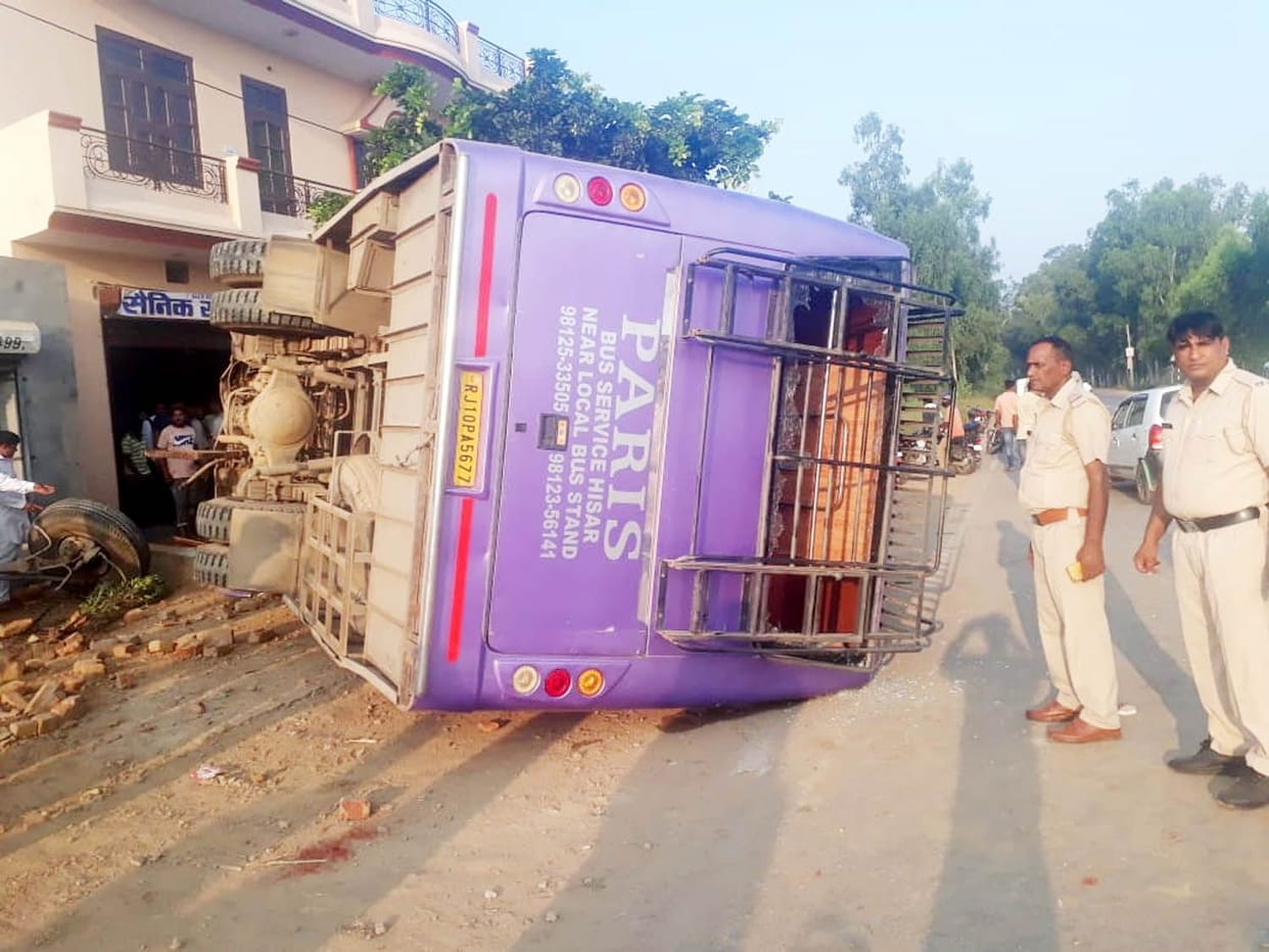 speed bus overturned due to uncontrolled speed breaker, 15 passengers injured