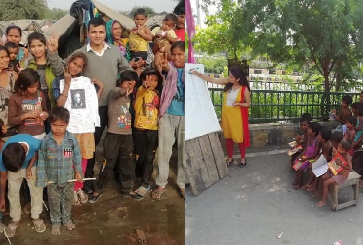 lucknow university's students teaching children of slum areas
