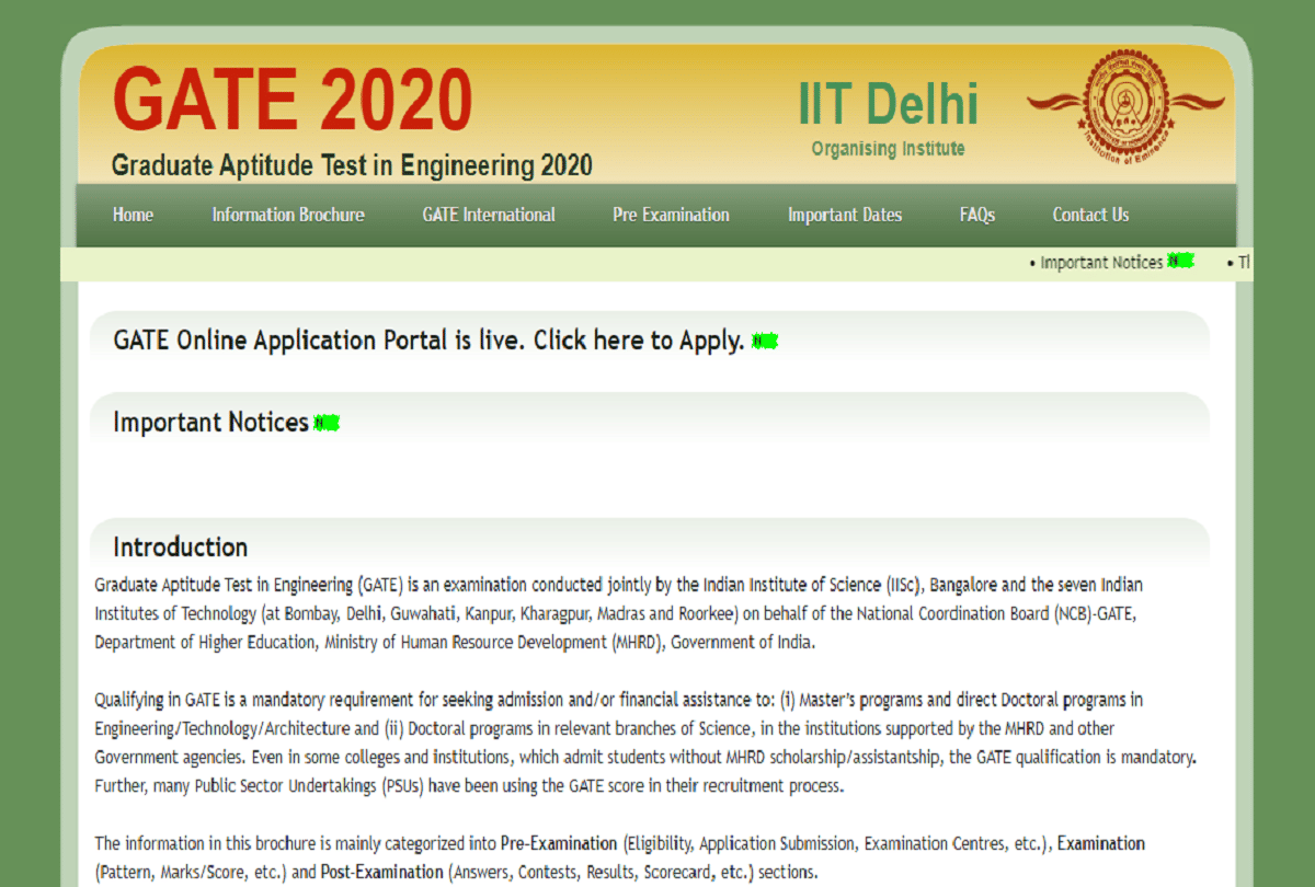 GATE 2020 Application last date, Details at IIT Delhi website for MTech admission