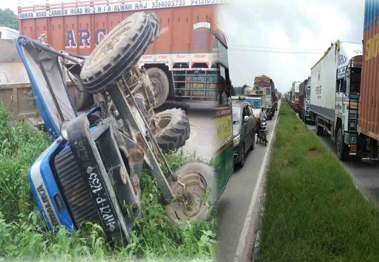 Overload truck overturns on National Highway in Fatehpur